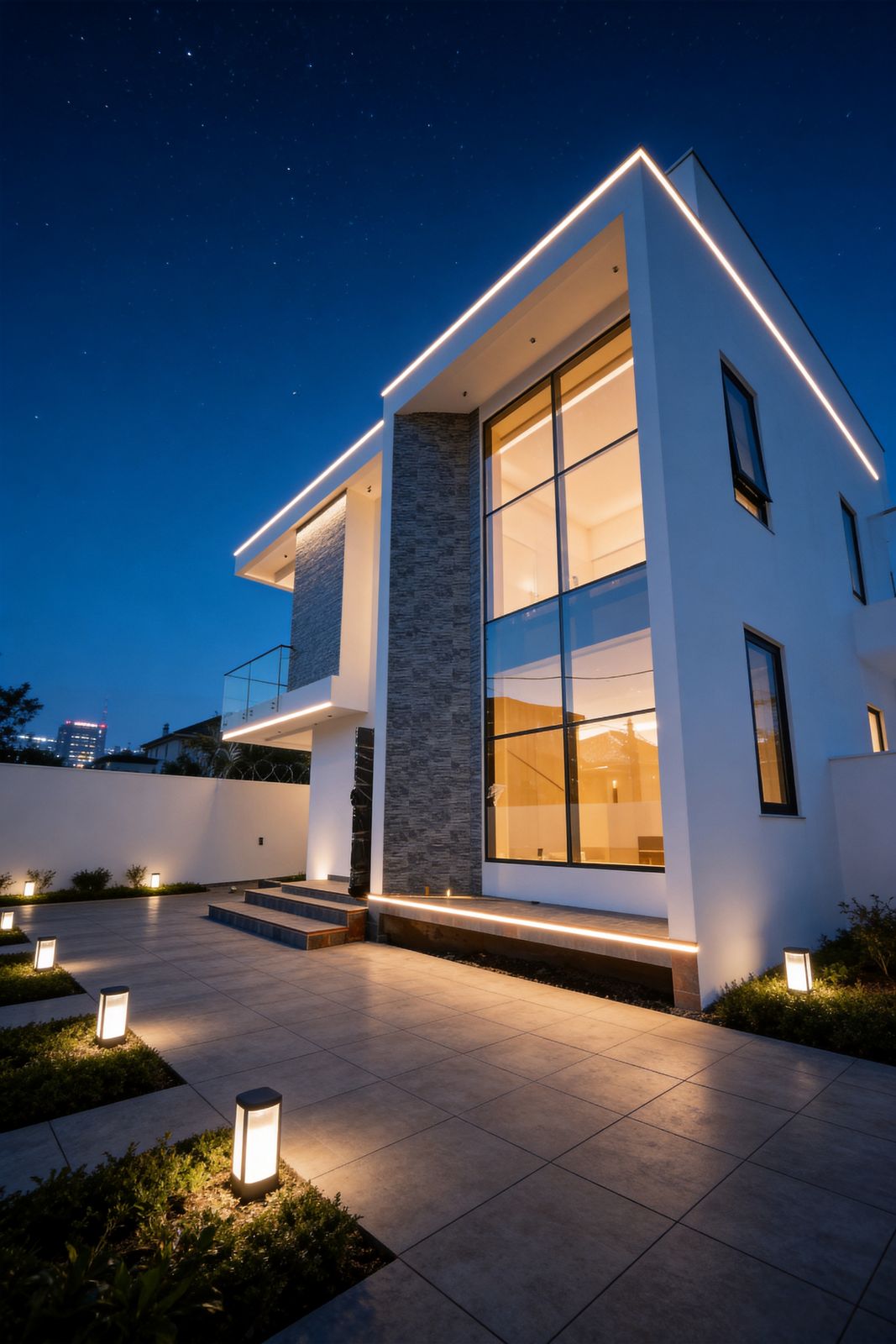 Angular modern residence at dusk