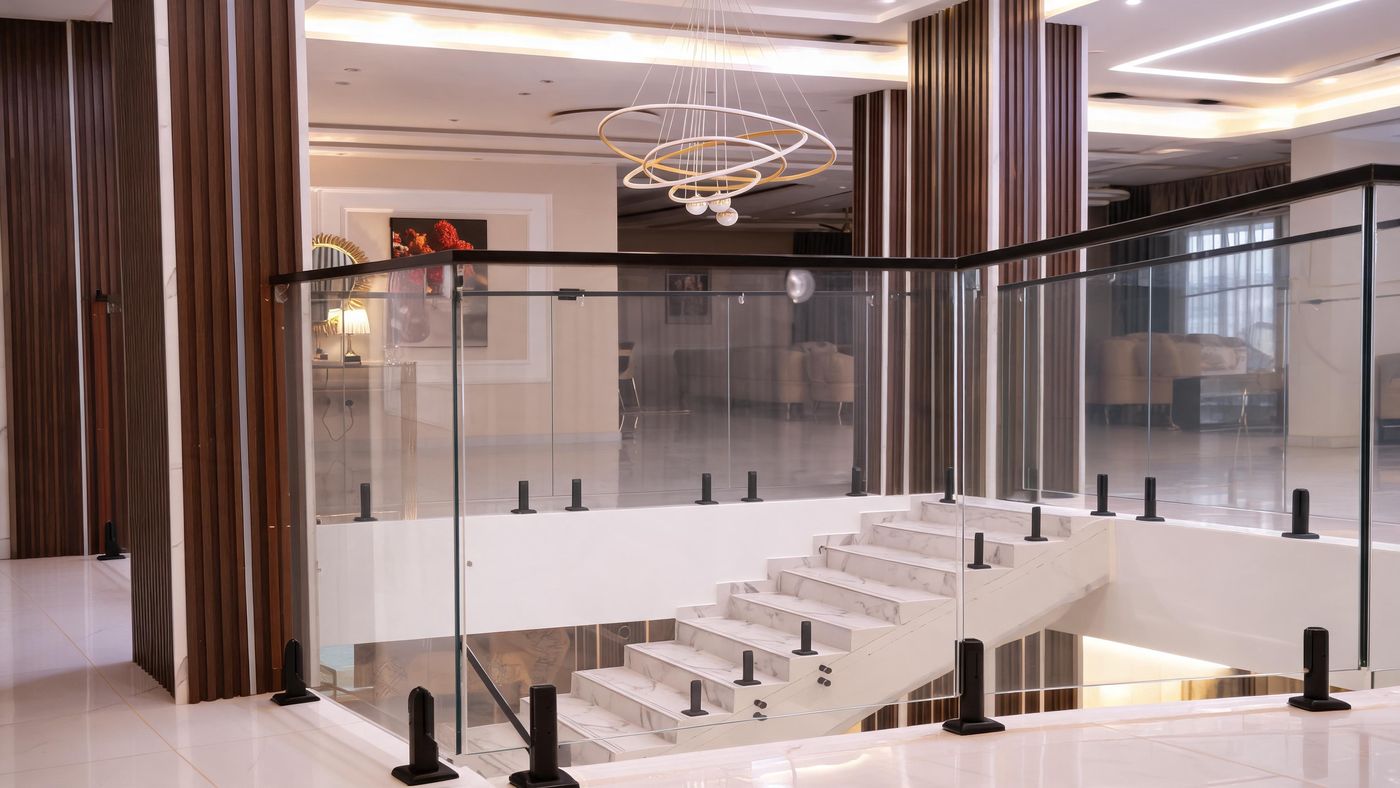 Frameless glass balustrade on a grand staircase