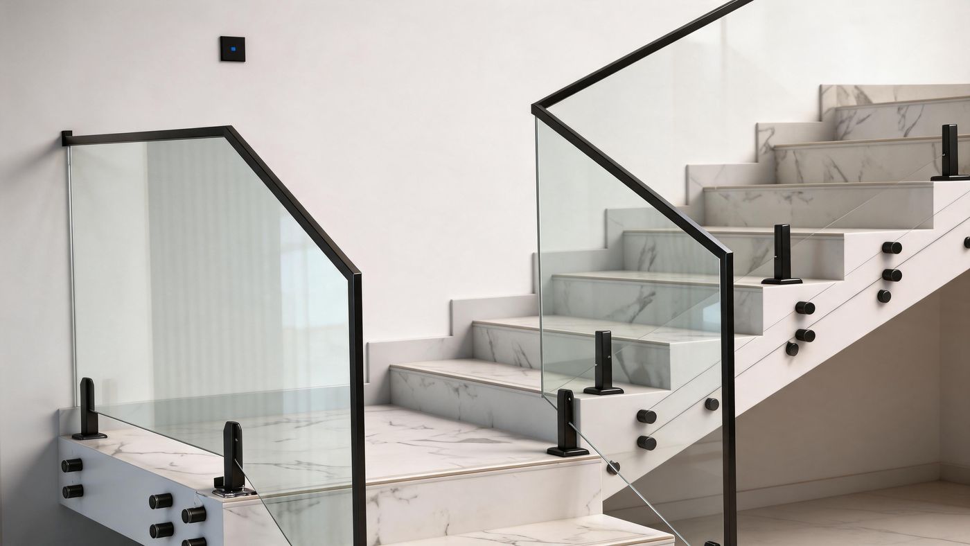 Glass balustrade with black spigots on marble stairs
