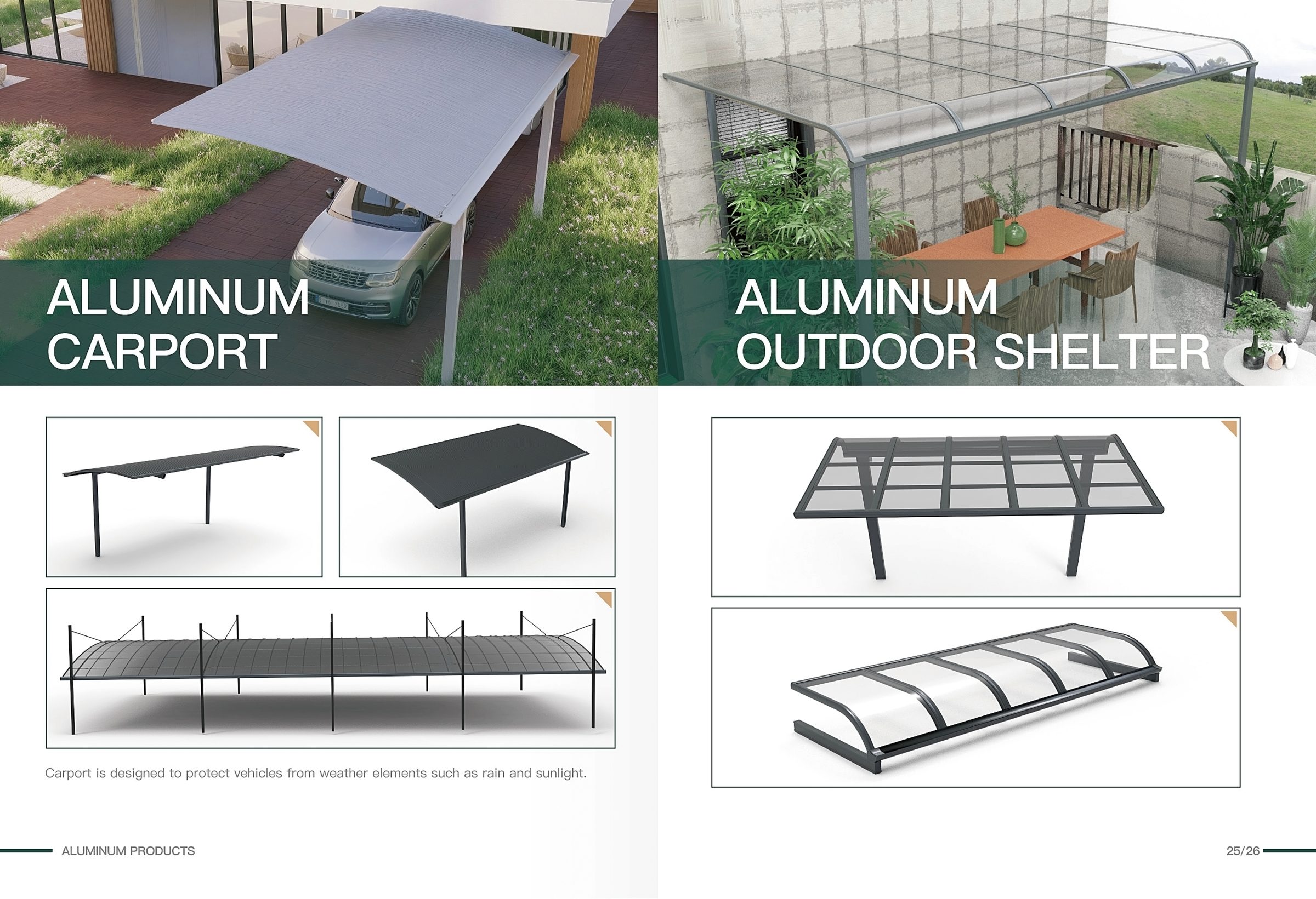 Aluminium carport and outdoor shelter catalogue page