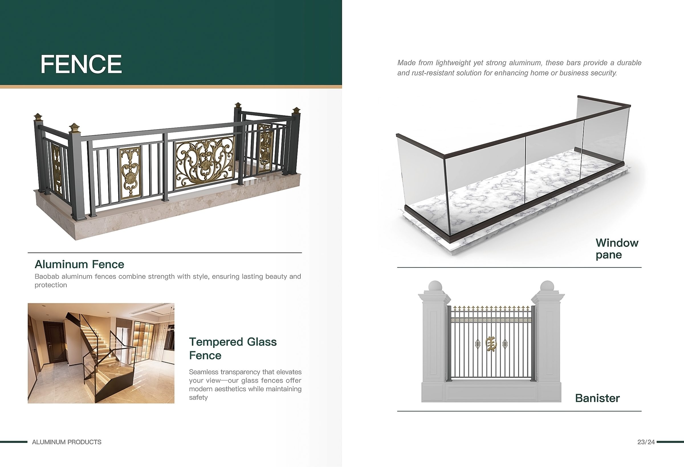 Aluminium fence and tempered glass fence catalogue page