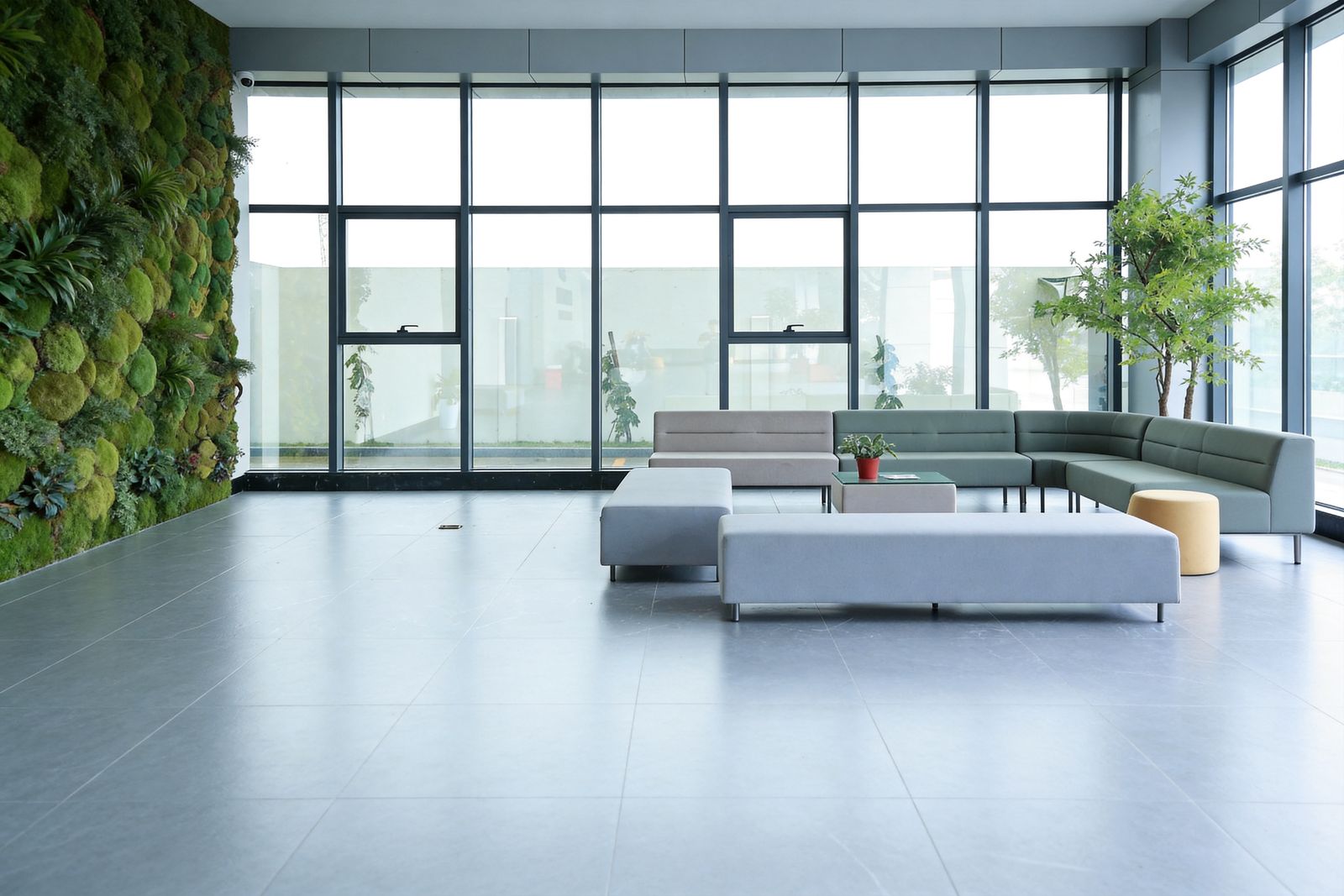 Lounge with floor-to-ceiling glass windows