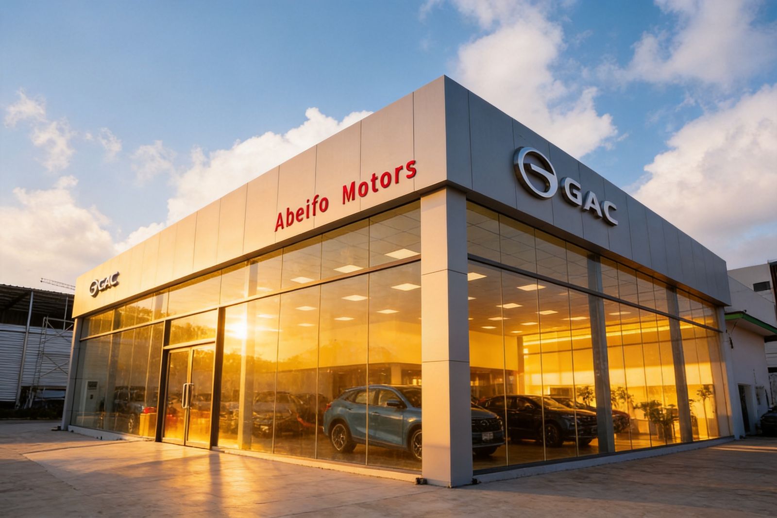 GAC Abeifo Motors car showroom glowing at dusk