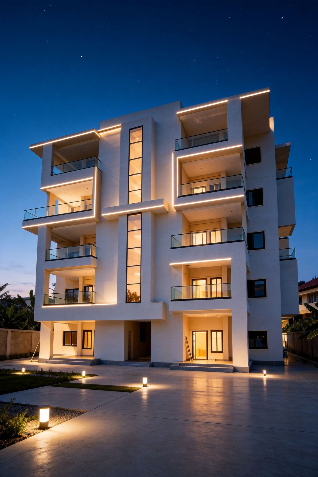 TV3 apartment block lit at night